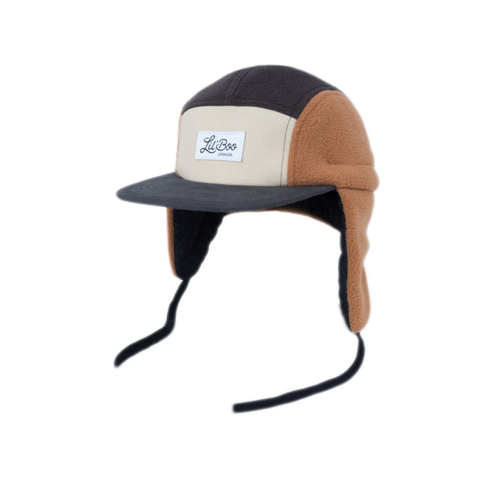 Keps, blockfleece 5-panel med öron - Brun (Storlek M, 1,5-3 år)