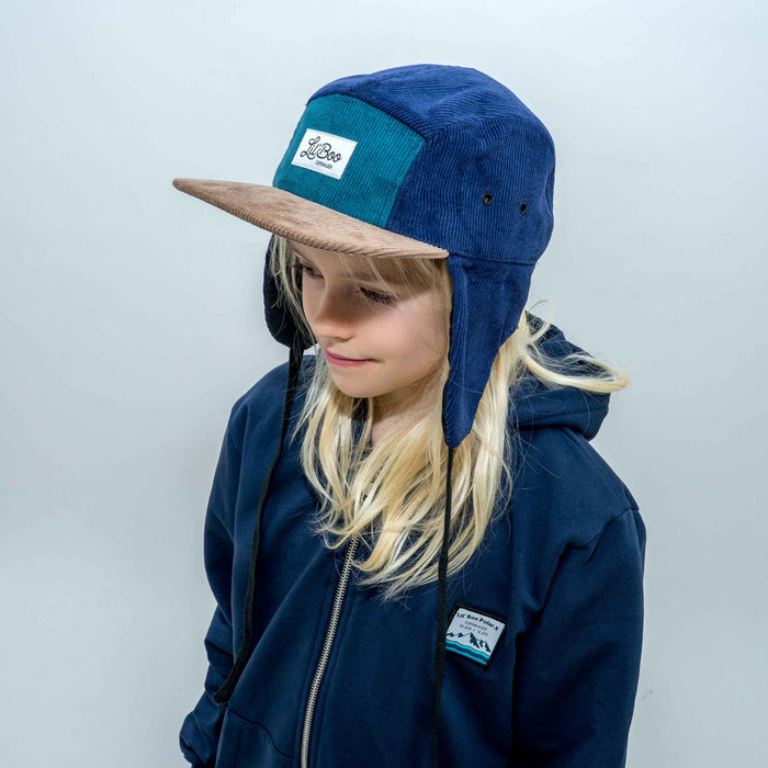 Keps, manchesterblock 5-panel med öron - Grön (Storlek M, 1,5-3 år)