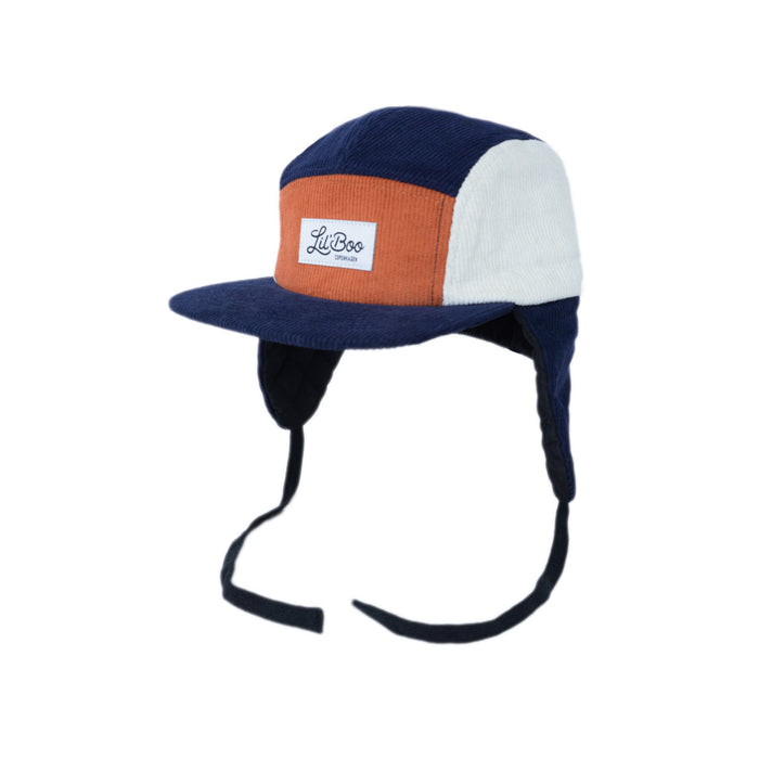 Keps, manchesterblock 5-panel med öron - Navy / Caramel (Storlek M, 1,5-3 år)