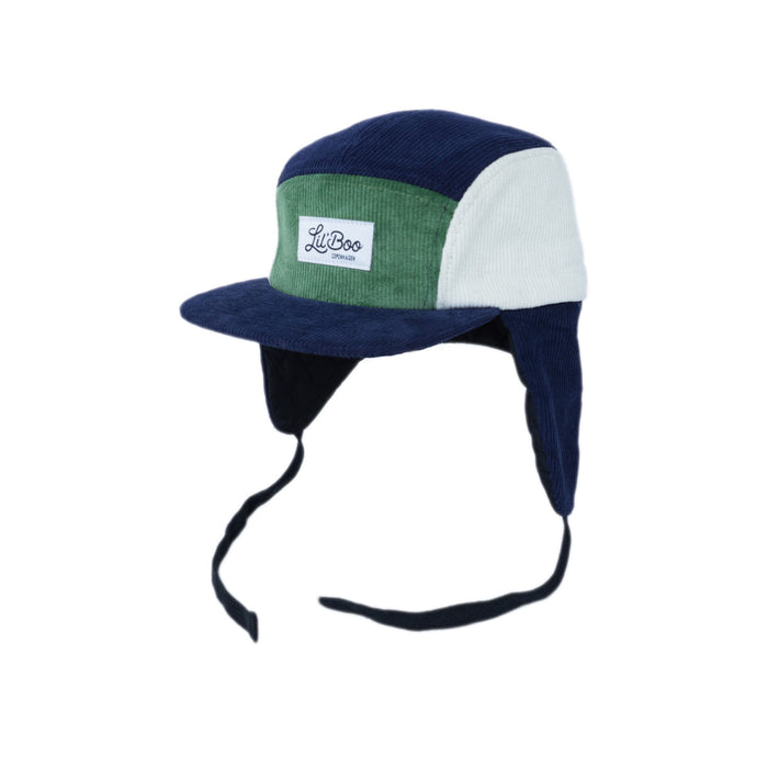 Keps, manchesterblock 5-panel med öron - Navy / grön (Storlek L, 4-7 år)