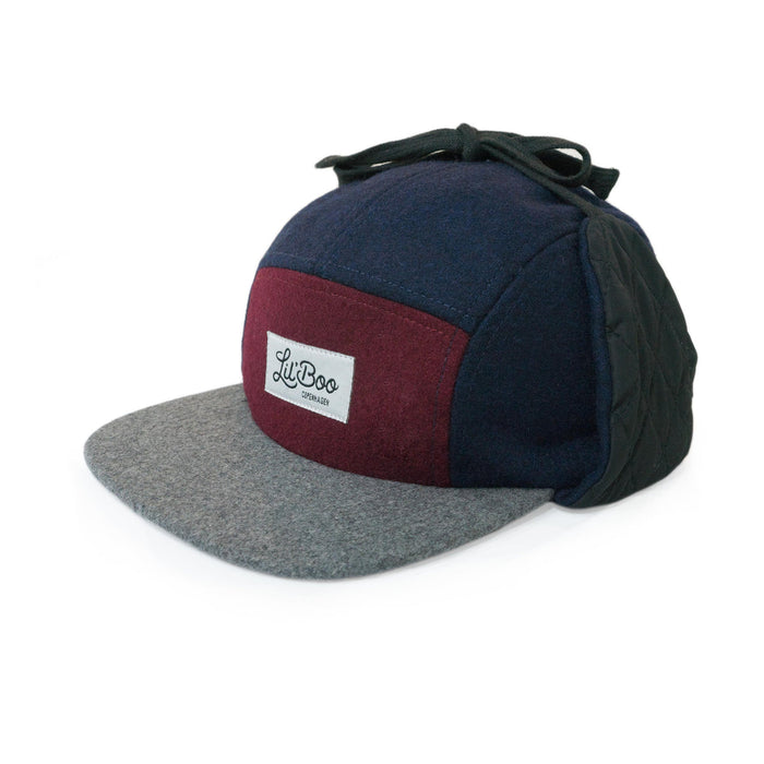 Keps, Ullblock 5-panel med öron - Burgundy / Grå / Marinblå (Storlek L, 4-7 år)