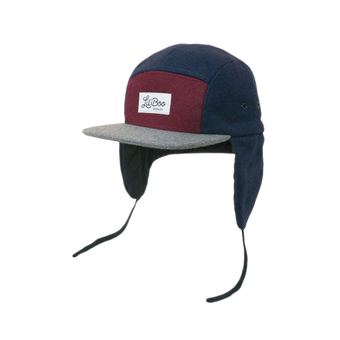 Keps, Ullblock 5-panel med öron - Burgundy / Grå / Marinblå (Storlek L, 4-7 år)