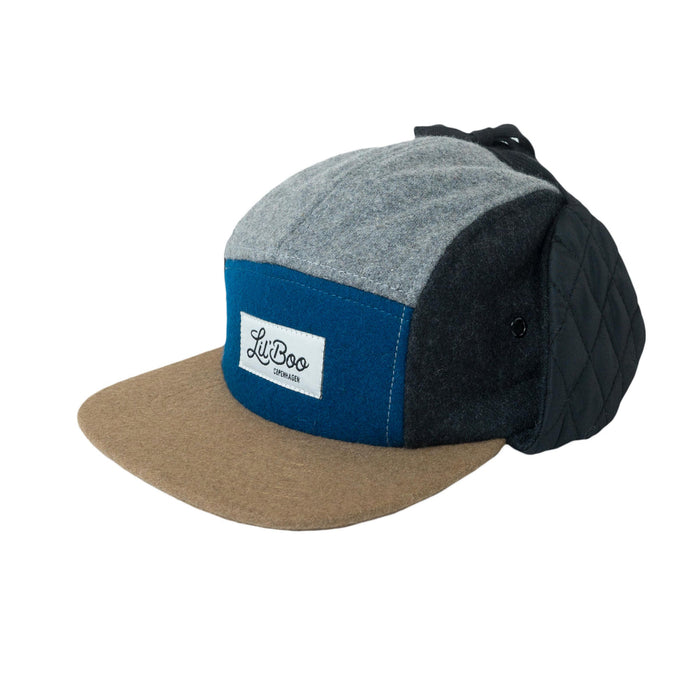 Keps, Ullblock 5-panel med öron - Grå/blå (Storlek L, 4-7 år)