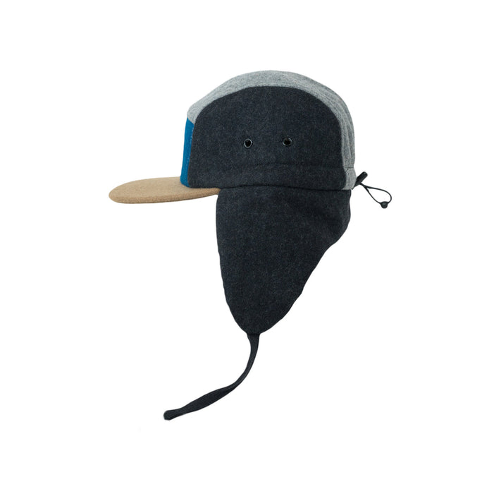 Keps, Ullblock 5-panel med öron - Grå/blå (Storlek L, 4-7 år)