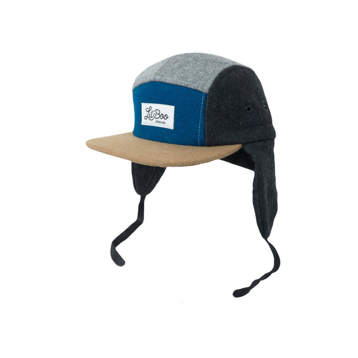 Keps, Ullblock 5-panel med öron - Grå/blå (Storlek L, 4-7 år)